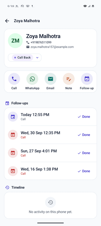 Lead detail with call, WhatsApp, email, note and follow-up actions