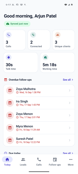 Today screen with stats and overdue follow-ups